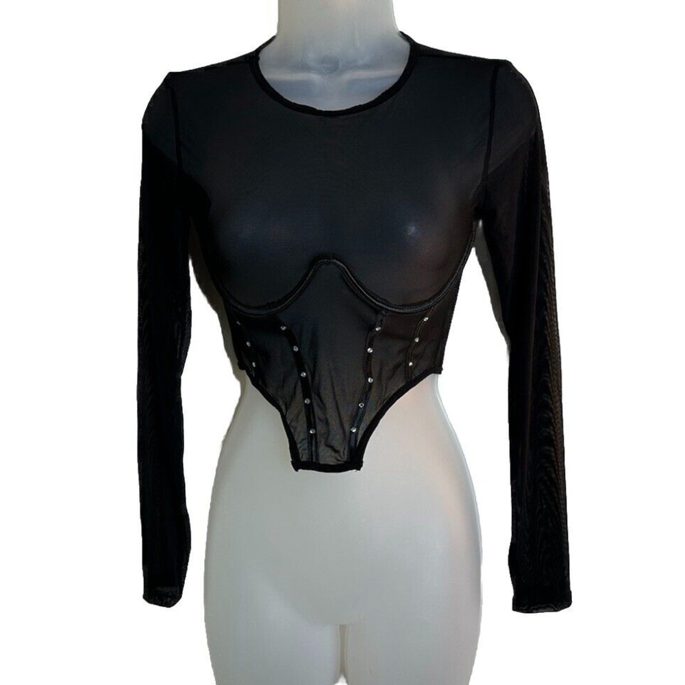 BodyRage Top Medium Crop Black Mesh Sheer Long Sleeve Studs Goth‎ Grunge Sexy